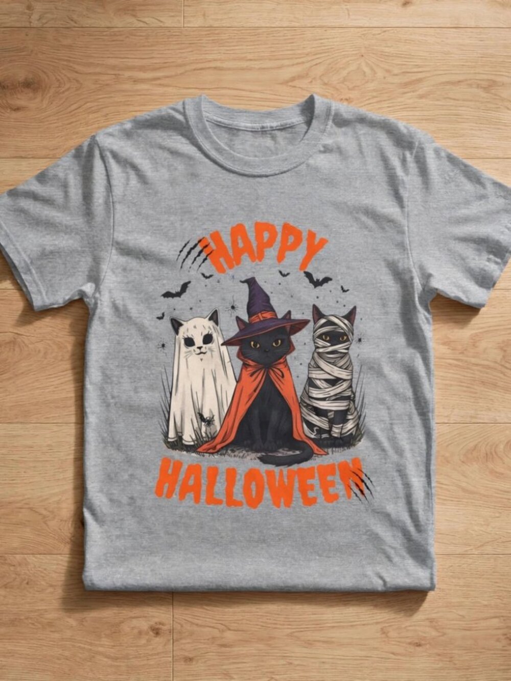 Happy Halloween Cats Witch Ghost Mummy Sport Grey T-Shirt